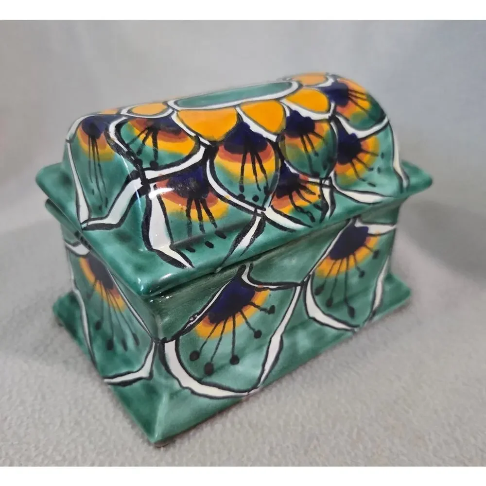 Mexico Pottery Trinket Box Hand Painted Green Yellow Treasure Chest Lidded